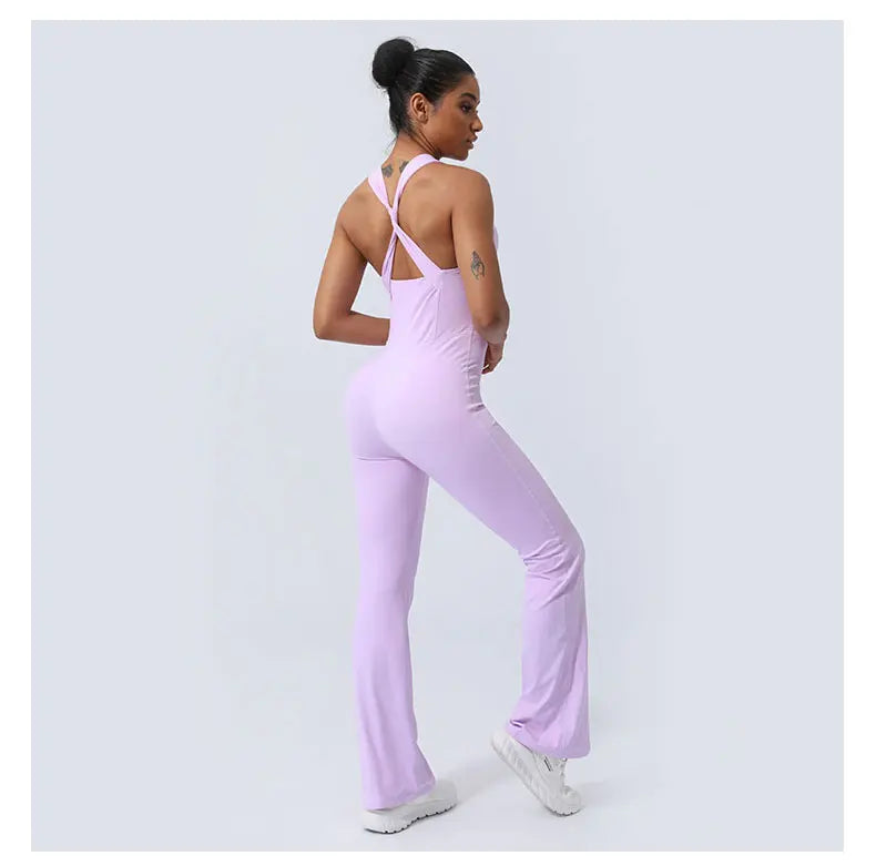 Women Fitness Jumpsuit Cross Back Vest Flare Leg Yoga Set Running Training With Padded Yoga Set