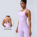 Women Fitness Jumpsuit Cross Back Vest Flare Leg Yoga Set Running Training With Padded Yoga Set