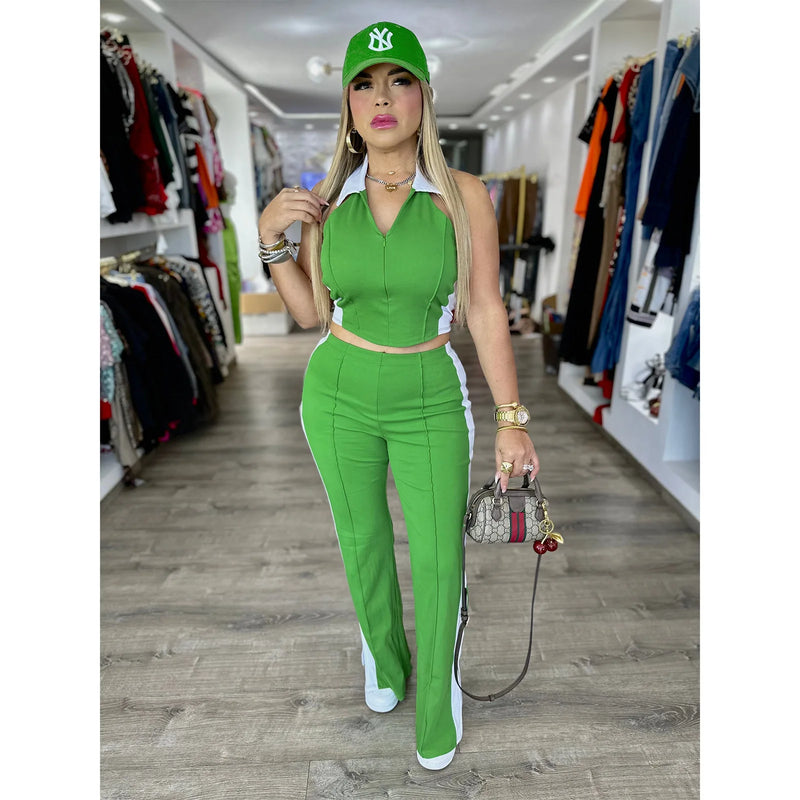 Sister Star Women's Comfortable Casual Patchwork Color Collision V-neck Zipper Sleeveless Open Long Straight Pants Two-piece Set