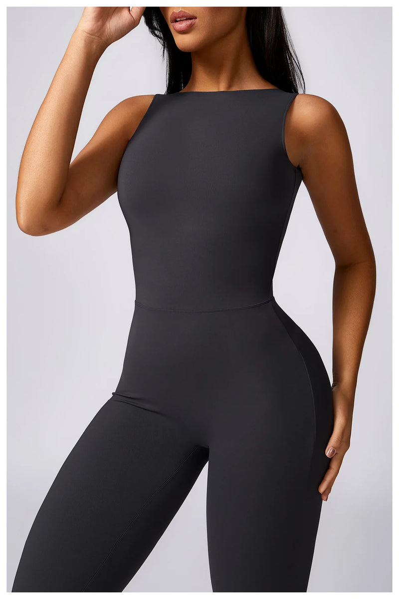 Sleeveless One-piece Suit Women Backless Sports Jumpsuit Female Flared Rompers Quick Drying Yoga Clothing Workout Bodysuits