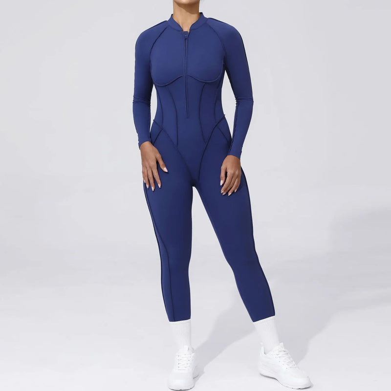 2025 Women's One-piece Yoga Jumpsuit leggings Zipper Nylon Long-sleeved Sexy Backless Slim Fit Sports Outfit with chest pad
