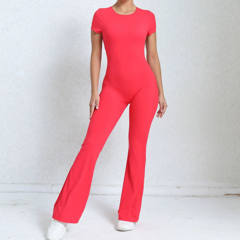 Women Sports Flared Pants Fitness Rompers Stretch Workout Bodysuits Jumpsuit Long Sleeves Gym Set Women's Yoga Suit Sportswear