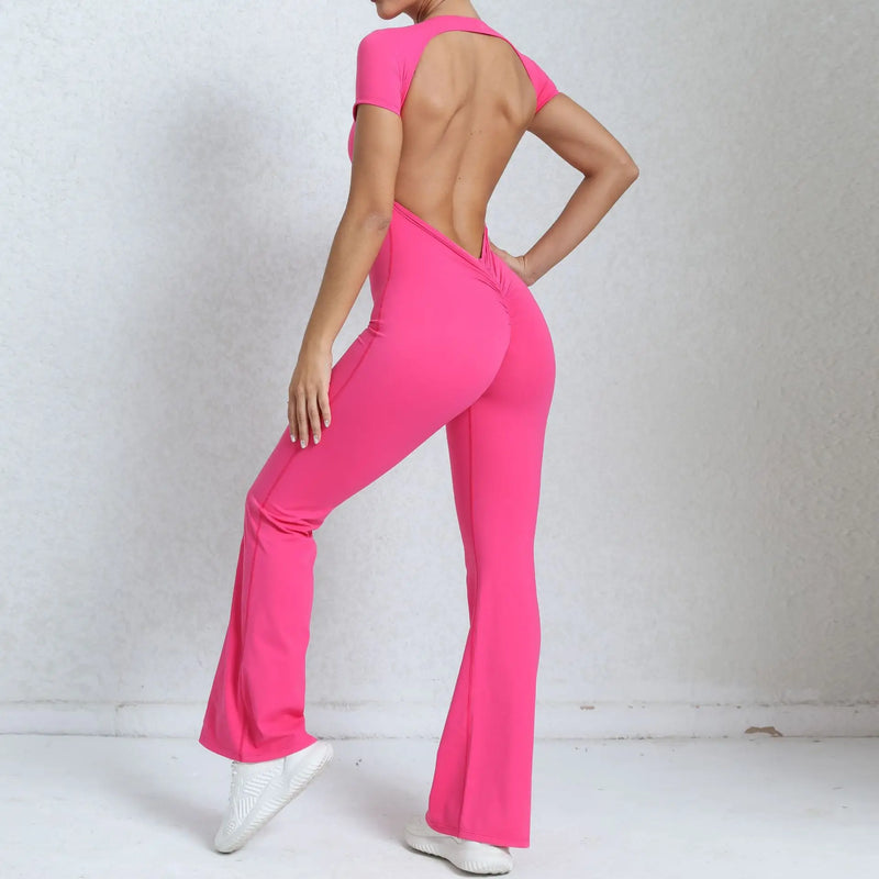 Women Sports Flared Pants Fitness Rompers Stretch Workout Bodysuits Jumpsuit Long Sleeves Gym Set Women's Yoga Suit Sportswear