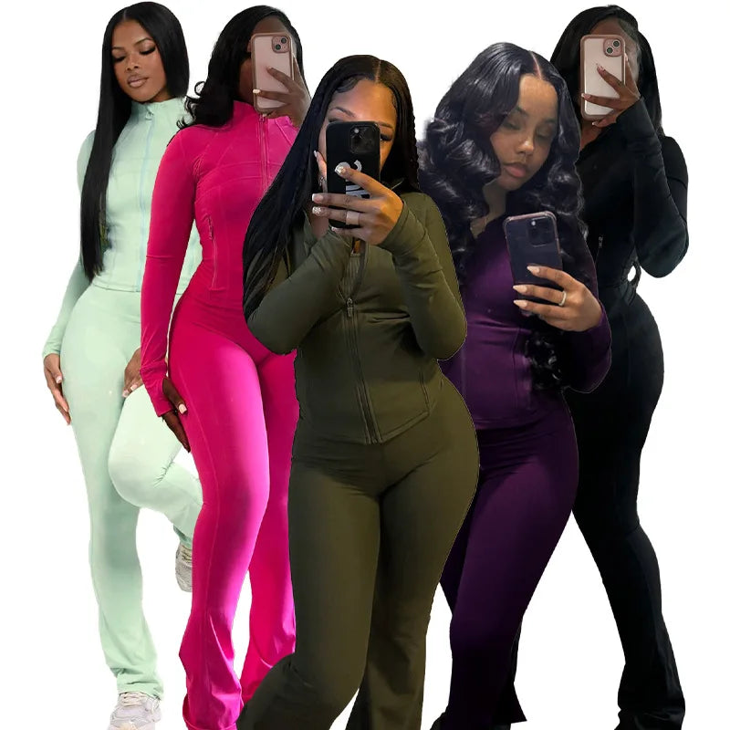 Pant Sets Two Piece Set Women Sexy Slim Fit Zipper Top Stand Collar Solid Sporty Casual Splice Flare Pants Elastic Waist