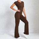 Women Sports Flared Pants Fitness Rompers Stretch Workout Bodysuits Jumpsuit Long Sleeves Gym Set Women's Yoga Suit Sportswear