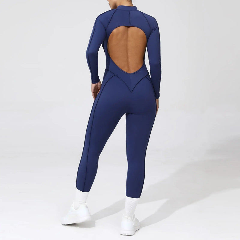 2025 Women's One-piece Yoga Jumpsuit leggings Zipper Nylon Long-sleeved Sexy Backless Slim Fit Sports Outfit with chest pad