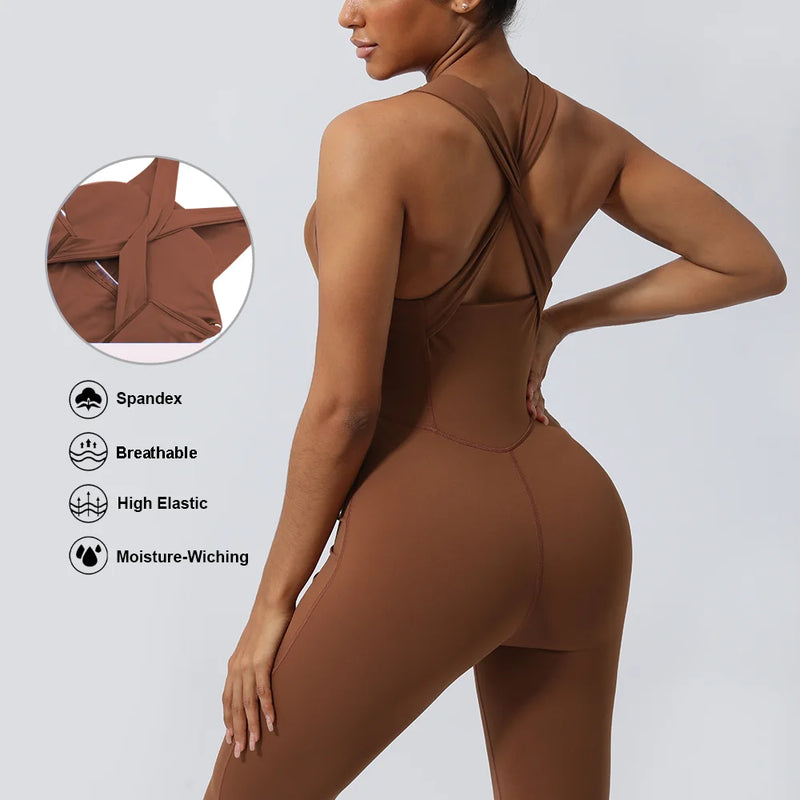 Women Fitness Jumpsuit Cross Back Vest Flare Leg Yoga Set Running Training With Padded Yoga Set