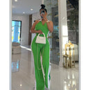 Sister Star Women's Comfortable Casual Patchwork Color Collision V-neck Zipper Sleeveless Open Long Straight Pants Two-piece Set