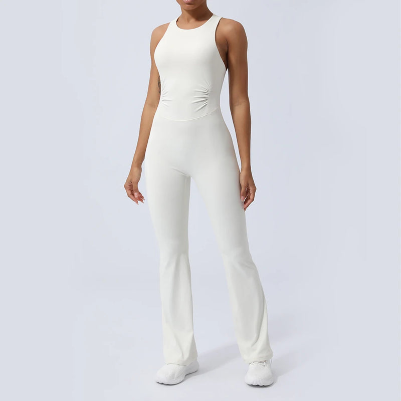 Women Fitness Jumpsuit Cross Back Vest Flare Leg Yoga Set Running Training With Padded Yoga Set