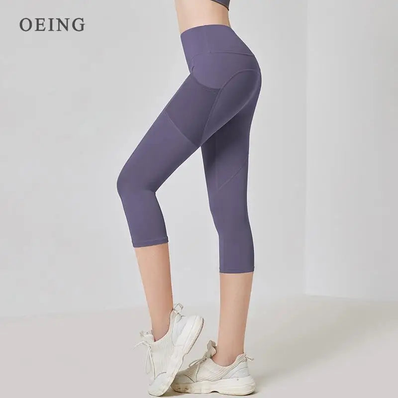 Women Sport Leggings High Waist Cropped Yoga Pants Elastic Mesh Pocket Running Capris Gym Crop Leggings Slim Fitness Tights