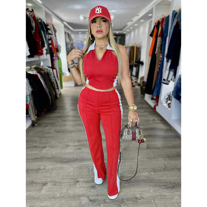 Sister Star Women's Comfortable Casual Patchwork Color Collision V-neck Zipper Sleeveless Open Long Straight Pants Two-piece Set