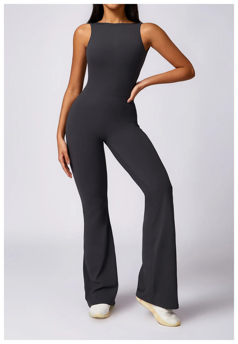 Sleeveless One-piece Suit Women Backless Sports Jumpsuit Female Flared Rompers Quick Drying Yoga Clothing Workout Bodysuits