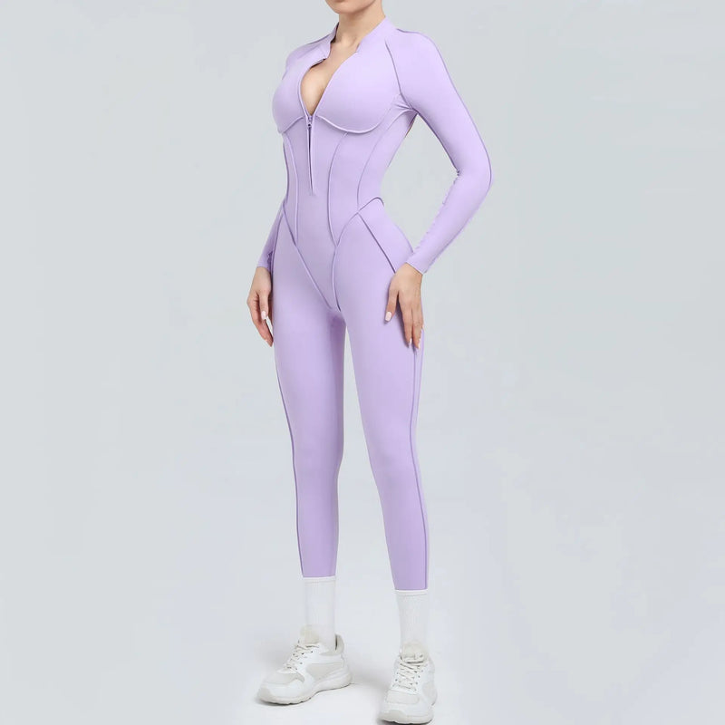 2025 Women's One-piece Yoga Jumpsuit leggings Zipper Nylon Long-sleeved Sexy Backless Slim Fit Sports Outfit with chest pad