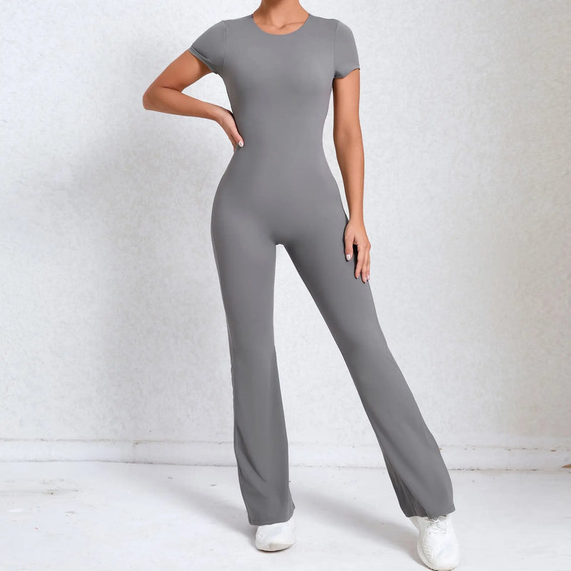 Women Sports Flared Pants Fitness Rompers Stretch Workout Bodysuits Jumpsuit Long Sleeves Gym Set Women's Yoga Suit Sportswear