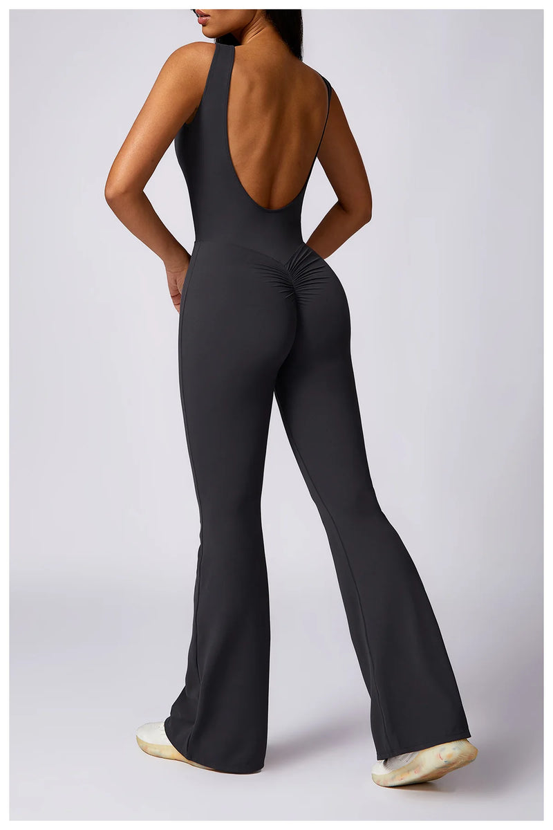 Sleeveless One-piece Suit Women Backless Sports Jumpsuit Female Flared Rompers Quick Drying Yoga Clothing Workout Bodysuits