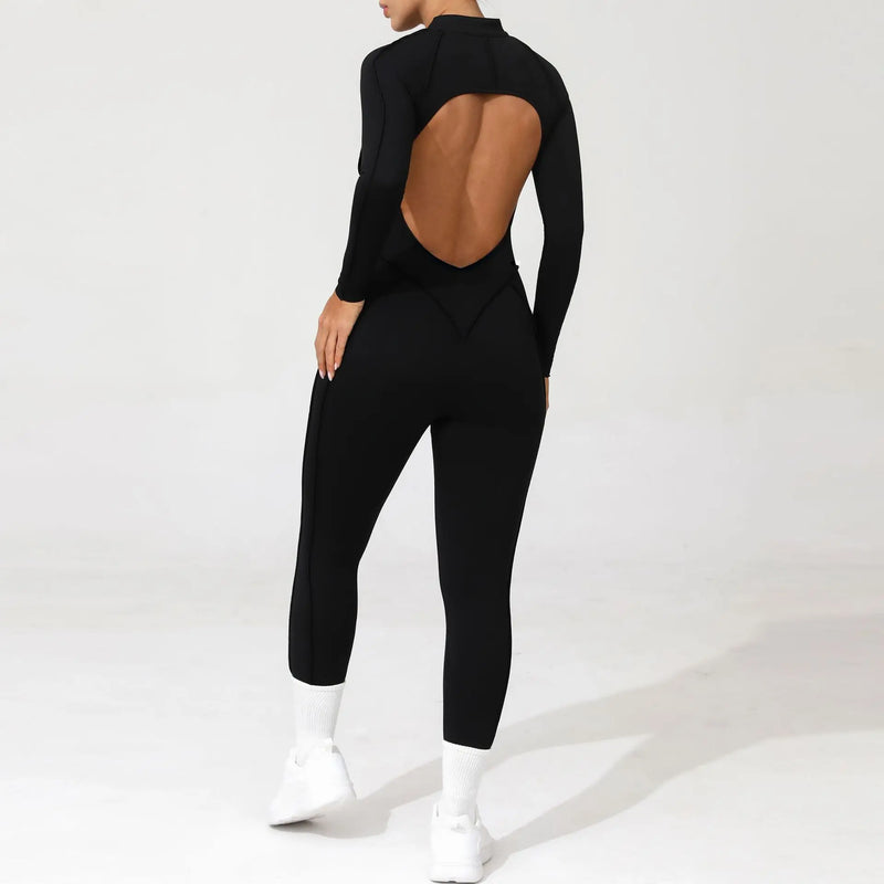 2025 Women's One-piece Yoga Jumpsuit leggings Zipper Nylon Long-sleeved Sexy Backless Slim Fit Sports Outfit with chest pad