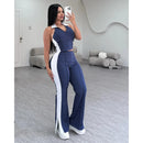 Sister Star Women's Comfortable Casual Patchwork Color Collision V-neck Zipper Sleeveless Open Long Straight Pants Two-piece Set