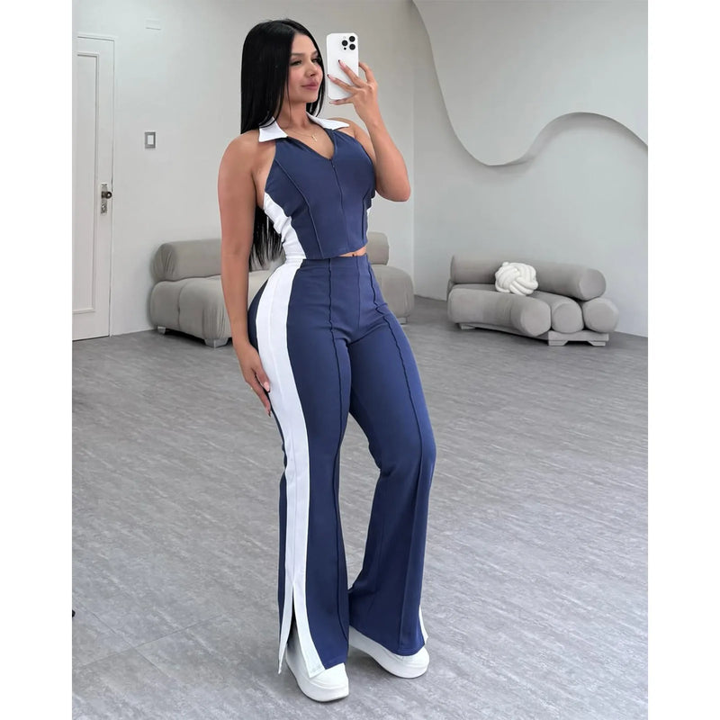 Sister Star Women's Comfortable Casual Patchwork Color Collision V-neck Zipper Sleeveless Open Long Straight Pants Two-piece Set