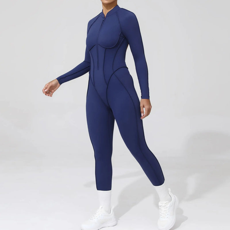 2025 Women's One-piece Yoga Jumpsuit leggings Zipper Nylon Long-sleeved Sexy Backless Slim Fit Sports Outfit with chest pad