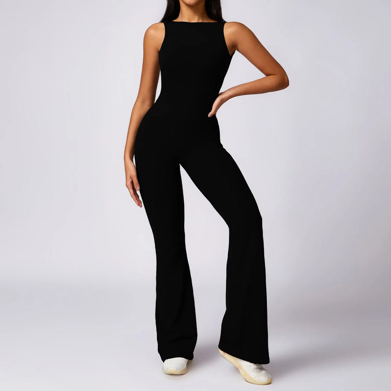 Sleeveless One-piece Suit Women Backless Sports Jumpsuit Female Flared Rompers Quick Drying Yoga Clothing Workout Bodysuits