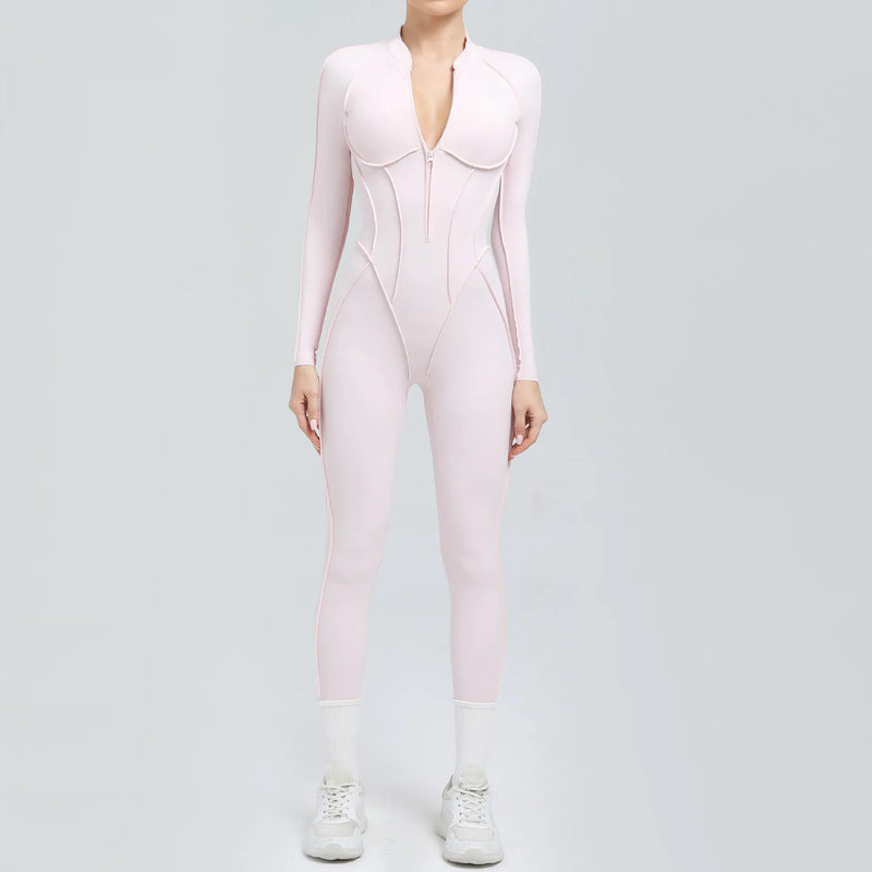 2025 Women's One-piece Yoga Jumpsuit leggings Zipper Nylon Long-sleeved Sexy Backless Slim Fit Sports Outfit with chest pad