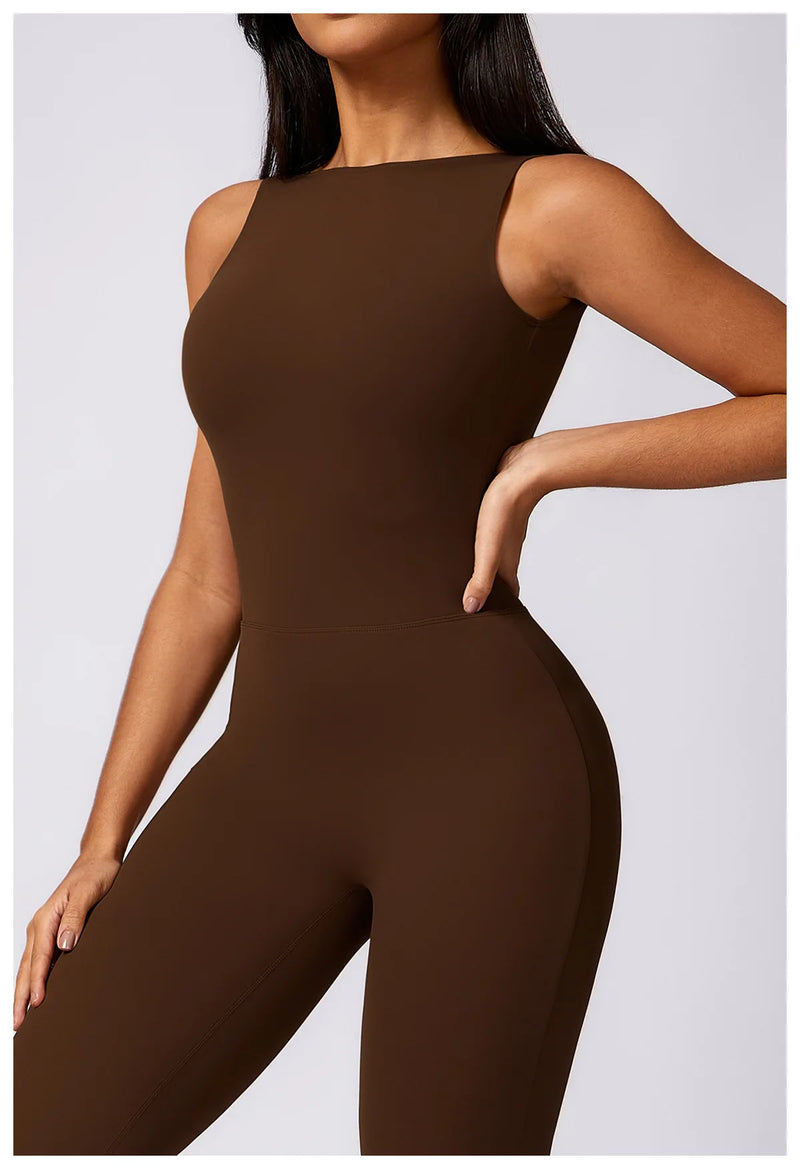 Sleeveless One-piece Suit Women Backless Sports Jumpsuit Female Flared Rompers Quick Drying Yoga Clothing Workout Bodysuits