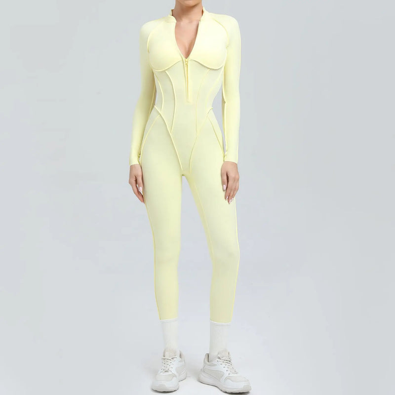 2025 Women's One-piece Yoga Jumpsuit leggings Zipper Nylon Long-sleeved Sexy Backless Slim Fit Sports Outfit with chest pad