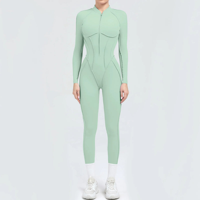 2025 Women's One-piece Yoga Jumpsuit leggings Zipper Nylon Long-sleeved Sexy Backless Slim Fit Sports Outfit with chest pad