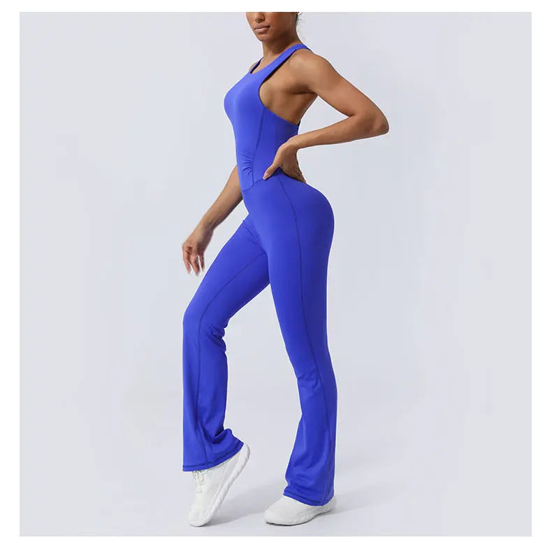 Women Fitness Jumpsuit Cross Back Vest Flare Leg Yoga Set Running Training With Padded Yoga Set