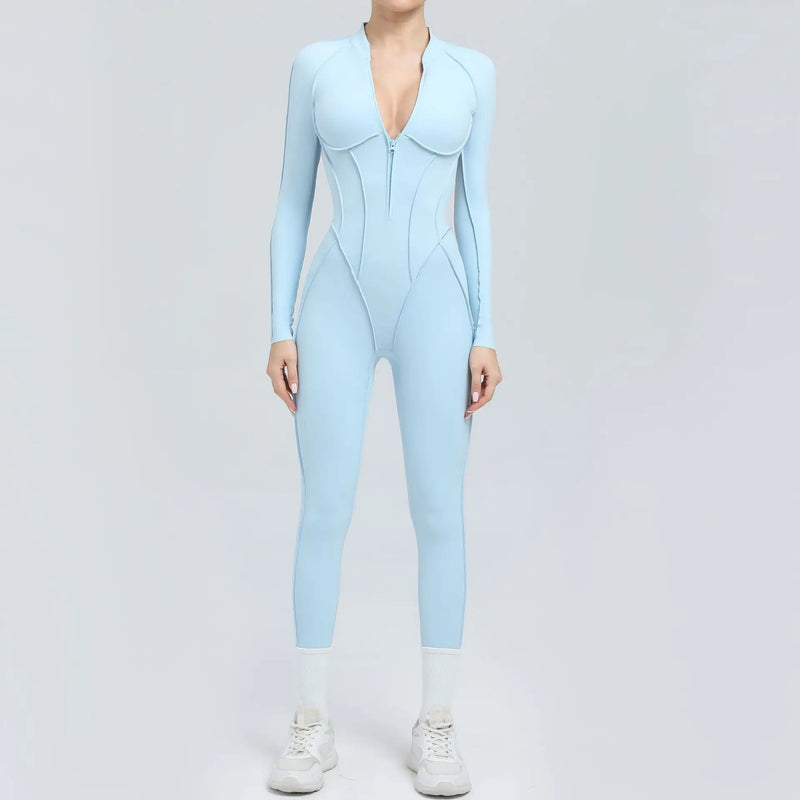 2025 Women's One-piece Yoga Jumpsuit leggings Zipper Nylon Long-sleeved Sexy Backless Slim Fit Sports Outfit with chest pad
