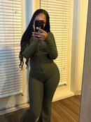 Pant Sets Two Piece Set Women Sexy Slim Fit Zipper Top Stand Collar Solid Sporty Casual Splice Flare Pants Elastic Waist