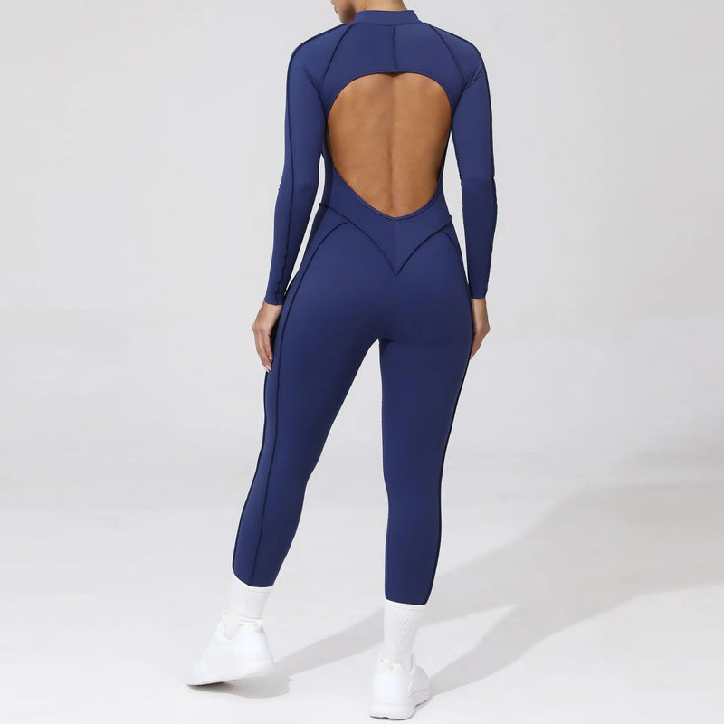 2025 Women's One-piece Yoga Jumpsuit leggings Zipper Nylon Long-sleeved Sexy Backless Slim Fit Sports Outfit with chest pad
