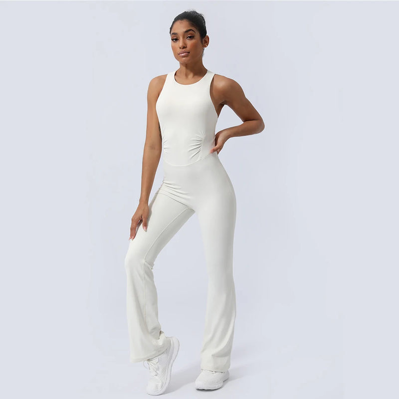 Women Fitness Jumpsuit Cross Back Vest Flare Leg Yoga Set Running Training With Padded Yoga Set
