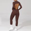 2025 Women's One-piece Yoga Jumpsuit leggings Zipper Nylon Long-sleeved Sexy Backless Slim Fit Sports Outfit with chest pad