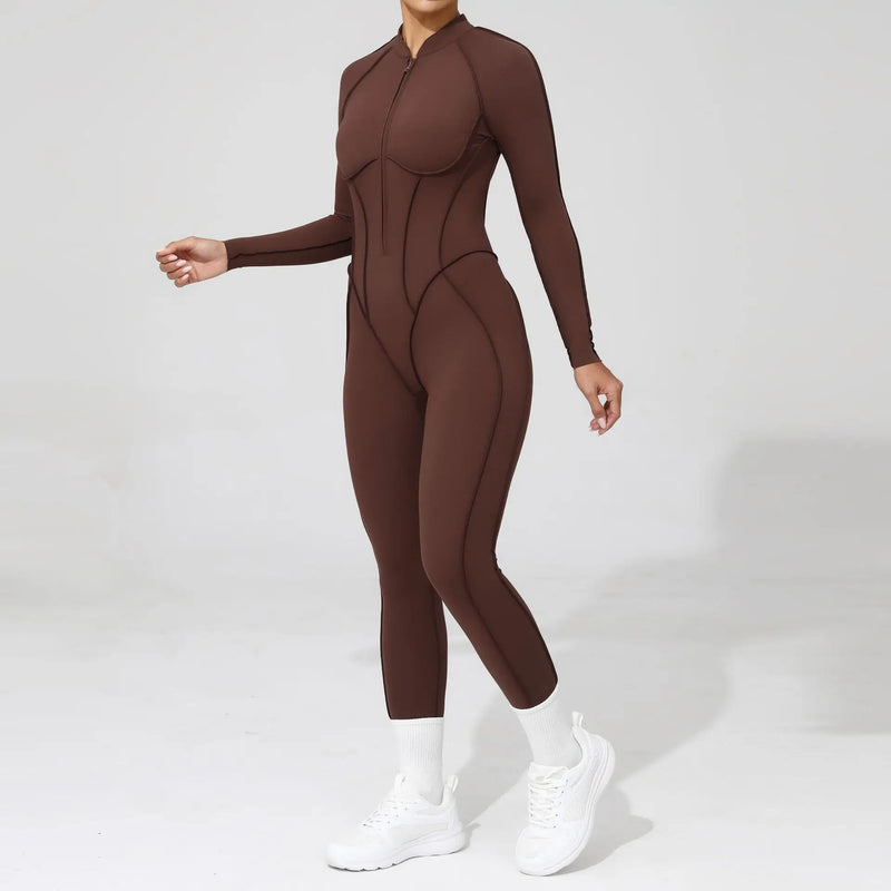 2025 Women's One-piece Yoga Jumpsuit leggings Zipper Nylon Long-sleeved Sexy Backless Slim Fit Sports Outfit with chest pad