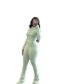 Pant Sets Two Piece Set Women Sexy Slim Fit Zipper Top Stand Collar Solid Sporty Casual Splice Flare Pants Elastic Waist