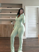 Pant Sets Two Piece Set Women Sexy Slim Fit Zipper Top Stand Collar Solid Sporty Casual Splice Flare Pants Elastic Waist