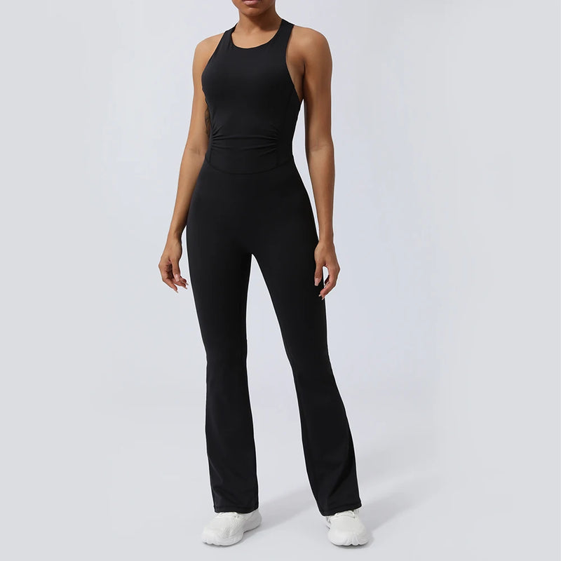 Women Fitness Jumpsuit Cross Back Vest Flare Leg Yoga Set Running Training With Padded Yoga Set