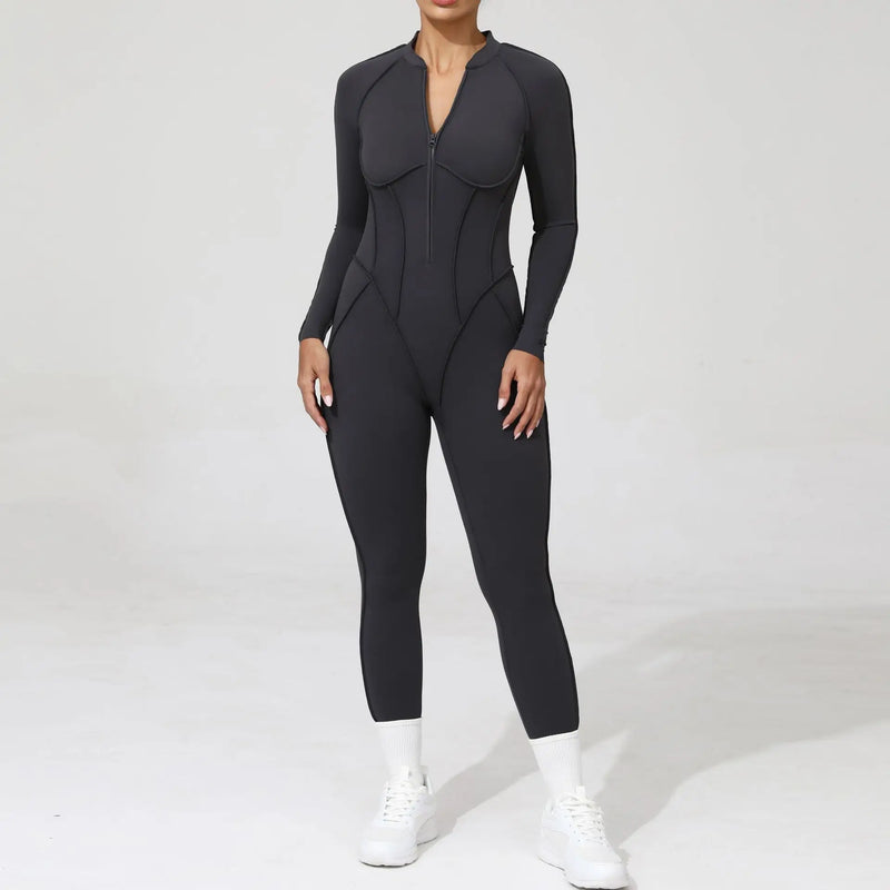 2025 Women's One-piece Yoga Jumpsuit leggings Zipper Nylon Long-sleeved Sexy Backless Slim Fit Sports Outfit with chest pad