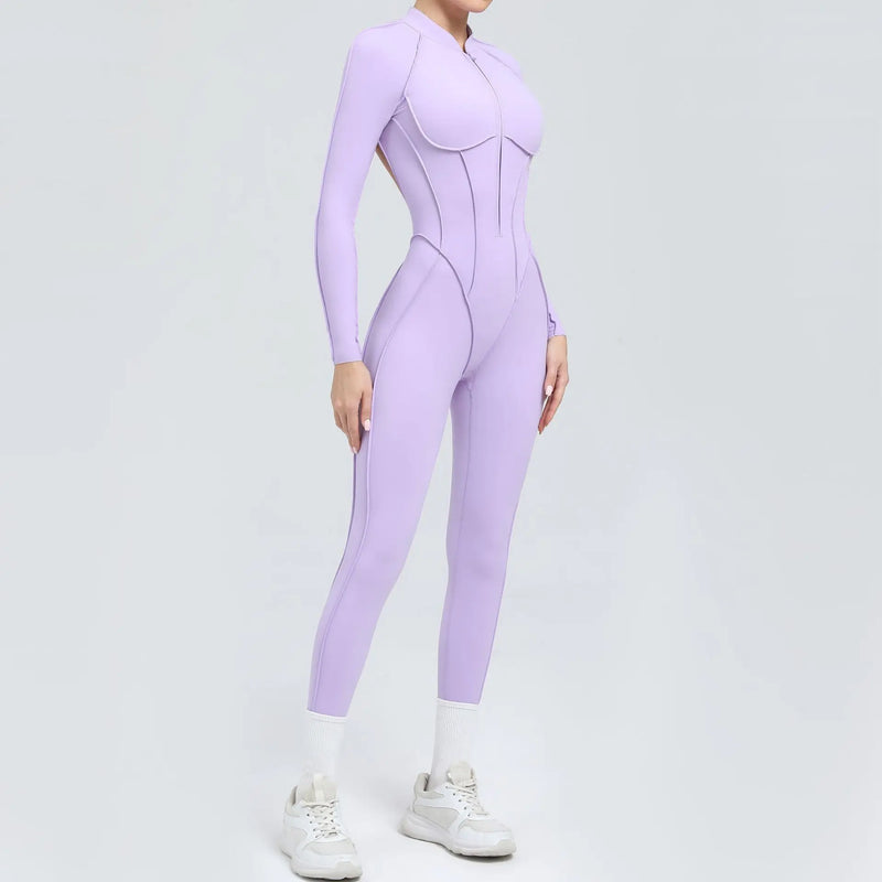 2025 Women's One-piece Yoga Jumpsuit leggings Zipper Nylon Long-sleeved Sexy Backless Slim Fit Sports Outfit with chest pad