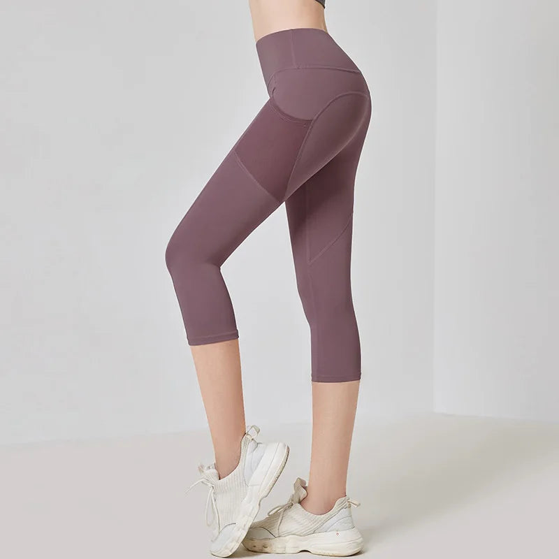 Women Sport Leggings High Waist Cropped Yoga Pants Elastic Mesh Pocket Running Capris Gym Crop Leggings Slim Fitness Tights