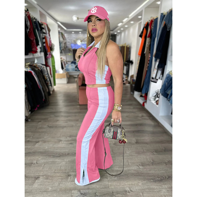 Sister Star Women's Comfortable Casual Patchwork Color Collision V-neck Zipper Sleeveless Open Long Straight Pants Two-piece Set