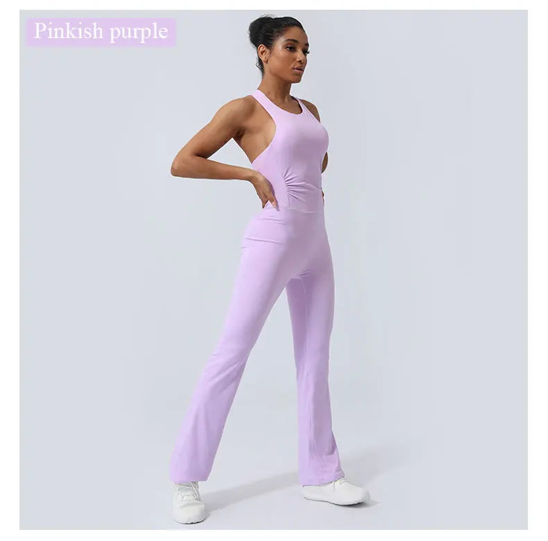 Women Fitness Jumpsuit Cross Back Vest Flare Leg Yoga Set Running Training With Padded Yoga Set