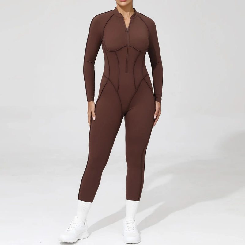 2025 Women's One-piece Yoga Jumpsuit leggings Zipper Nylon Long-sleeved Sexy Backless Slim Fit Sports Outfit with chest pad