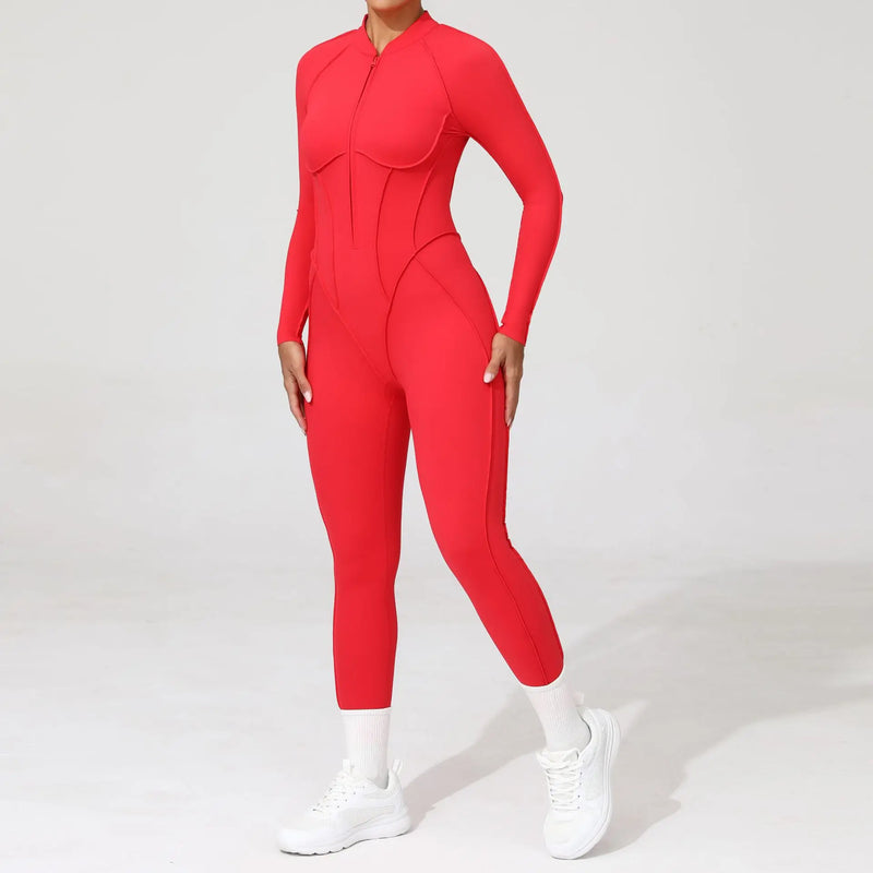 2025 Women's One-piece Yoga Jumpsuit leggings Zipper Nylon Long-sleeved Sexy Backless Slim Fit Sports Outfit with chest pad