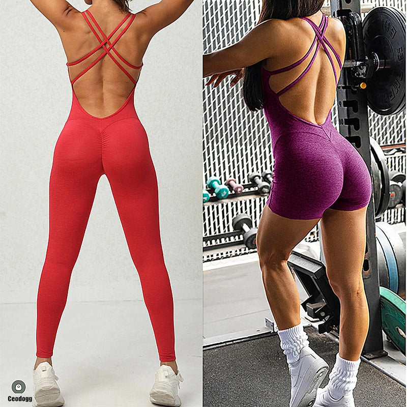 Pad Cross Back Women 2025 Lycra Fitness Gym One Piece Jumpsuit Leggings Workout Pant Female Shorts Active Wear Sport Outfit Suit