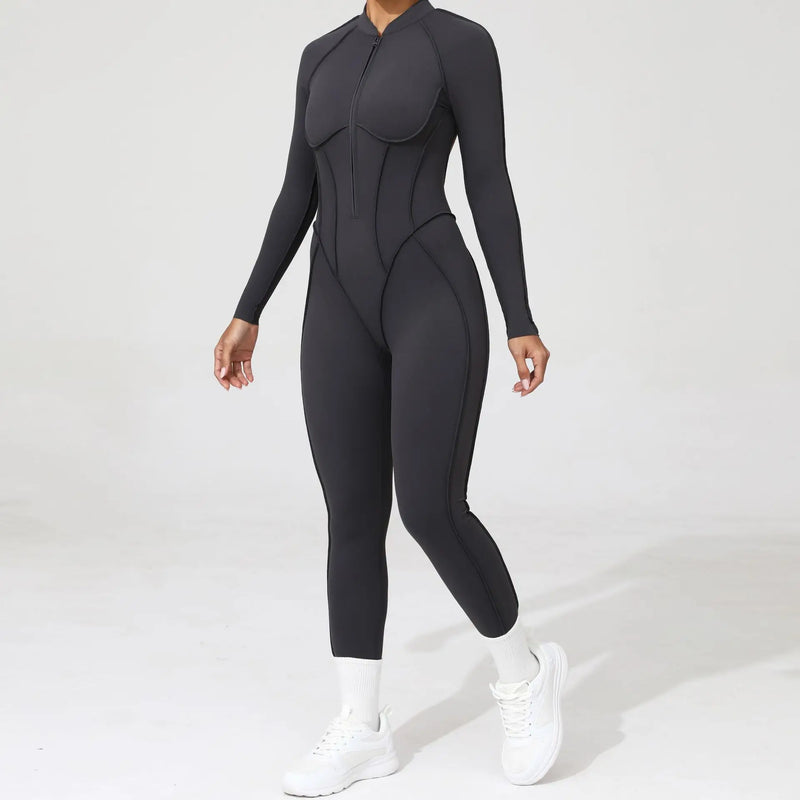 2025 Women's One-piece Yoga Jumpsuit leggings Zipper Nylon Long-sleeved Sexy Backless Slim Fit Sports Outfit with chest pad