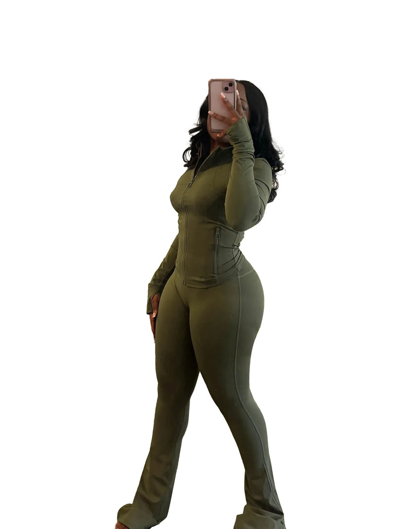 Pant Sets Two Piece Set Women Sexy Slim Fit Zipper Top Stand Collar Solid Sporty Casual Splice Flare Pants Elastic Waist