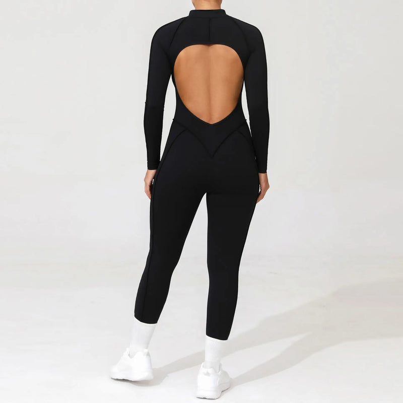 2025 Women's One-piece Yoga Jumpsuit leggings Zipper Nylon Long-sleeved Sexy Backless Slim Fit Sports Outfit with chest pad