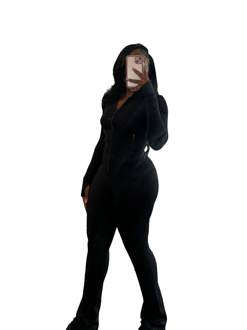 Pant Sets Two Piece Set Women Sexy Slim Fit Zipper Top Stand Collar Solid Sporty Casual Splice Flare Pants Elastic Waist